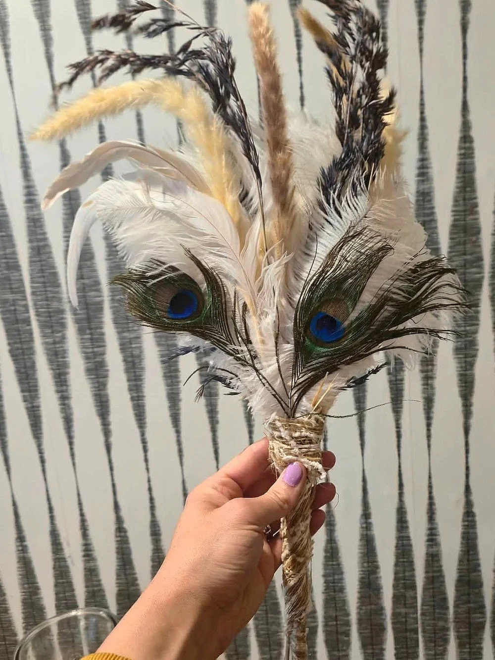 Boho Feather & Peacock Feather Floral Pick Neutral Rustic Home Decor Accent